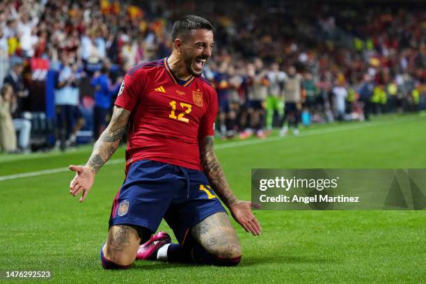 Joselu of Spain celebrates after scoring the team's second goal during the UEFA EURO 2024 Qualifying Round Group A match between Spain and Norway at...