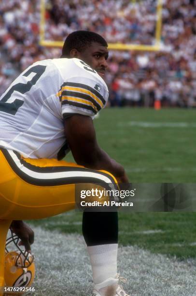 Defensive End Reggie White of the Green Bay Packers follows the action in the Pro Football Hall Of Fame Game between the Green Bay Packers vs the Los...