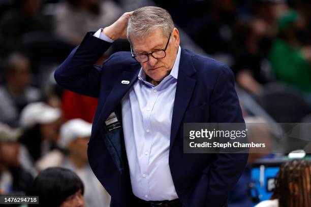 Head coach Geno Auriemma of the UConn Huskies reacts during the fourth quarter against the Ohio State Buckeyes in the Sweet 16 round of the NCAA...