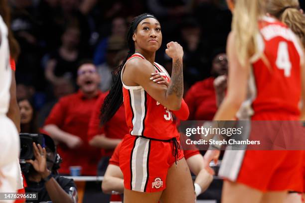 Cotie McMahon of the Ohio State Buckeyes reacts after being fouled and making the basket during the fourth quarter against the UConn Huskies in the...