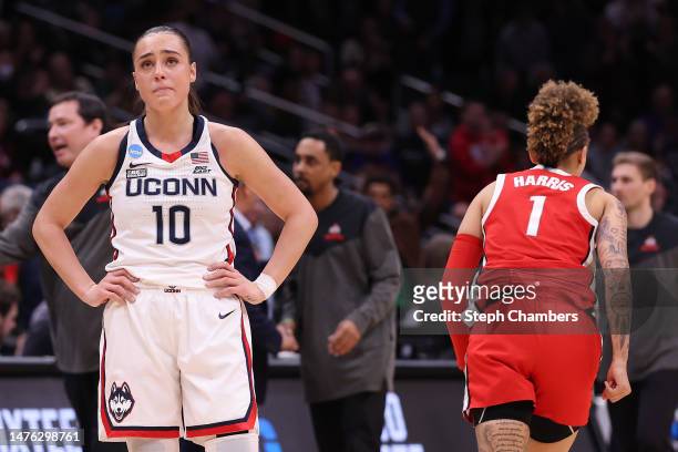 Nika Muhl of the UConn Huskies reacts after losing to the Ohio State Buckeyes 73-61 in the Sweet Sixteen round of the NCAA Women's Basketball...