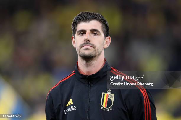Thibaut Courtois of Belgium looks on prior to the UEFA EURO 2024 qualifying round group F match between Sweden and Belgium at Friends Arena on March...