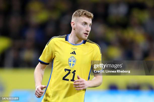 Dejan Kulusevski of Sweden looks on during the UEFA EURO 2024 qualifying round group F match between Sweden and Belgium at Friends Arena on March 24,...