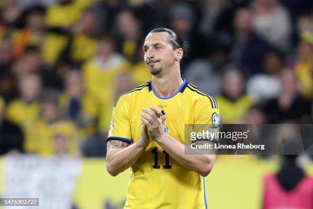 Zlatan Ibrahimovic of Sweden reacts during the UEFA EURO 2024 qualifying round group F match between Sweden and Belgium at Friends Arena on March 24,...