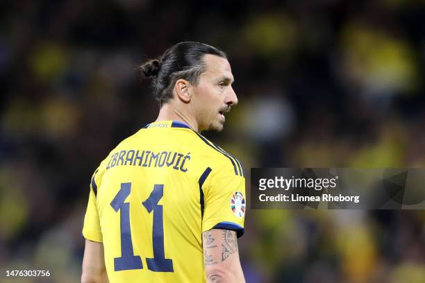 Zlatan Ibrahimovic of Sweden looks on during the UEFA EURO 2024 qualifying round group F match between Sweden and Belgium at Friends Arena on March...