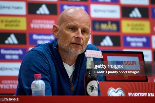 Stale Solbakken, Manager of Norway speaks to the press after the UEFA EURO 2024 qualifying round group A match between Spain and Norway at La...