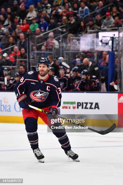 Boone Jenner of the Columbus Blue Jackets skates during the first period of a game against the New York Islanders at Nationwide Arena on March 24,...