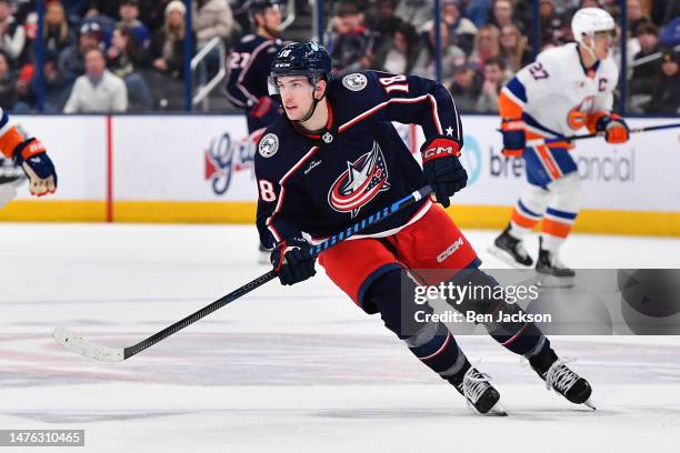 Lane Pederson of the Columbus Blue Jackets skates during the third period of a game against the New York Islanders at Nationwide Arena on March 24,...