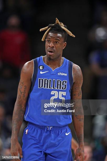 Reggie Bullock of the Dallas Mavericks reacts during the game against the Memphis Grizzlies at FedExForum on March 20, 2023 in Memphis, Tennessee....