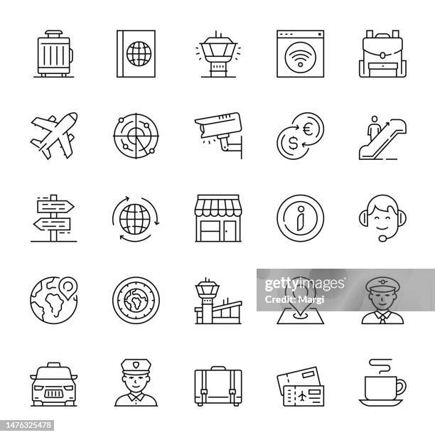 ilustraciones, imágenes clip art, dibujos animados e iconos de stock de conjunto de iconos de línea del aeropuerto - mercado de divisas