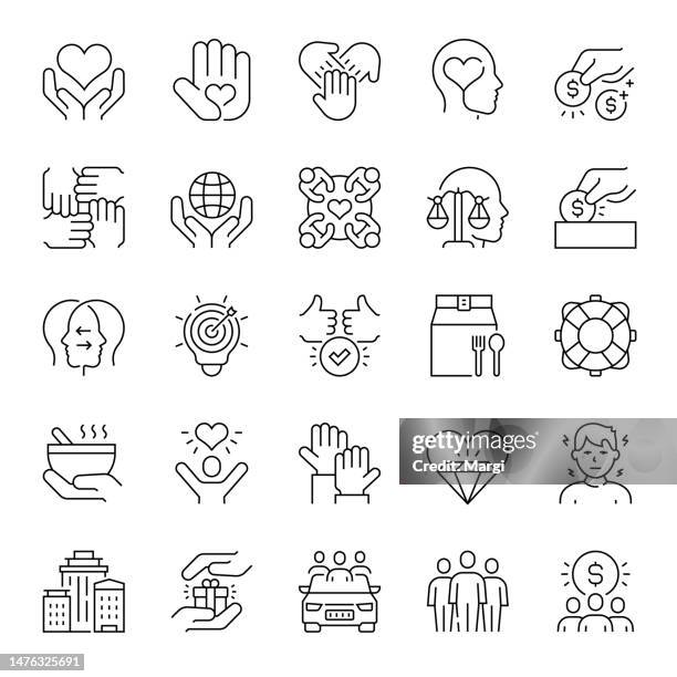 ilustraciones, imágenes clip art, dibujos animados e iconos de stock de conjunto de iconos de línea de altruismo - economía colaborativa