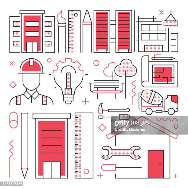 architecture web banner with linear icons, trendy linear style vector - engineering office background stock illustrations