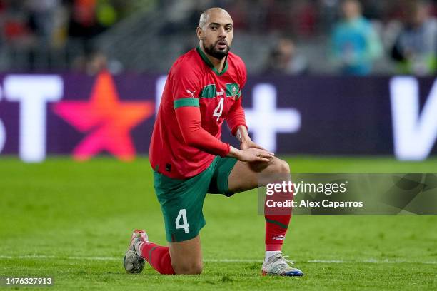 Sofyan Amrabat of Morocco looks on during the international friendly match between Morocco and Brazil at Grand Stade de Tanger on March 25, 2023 in...