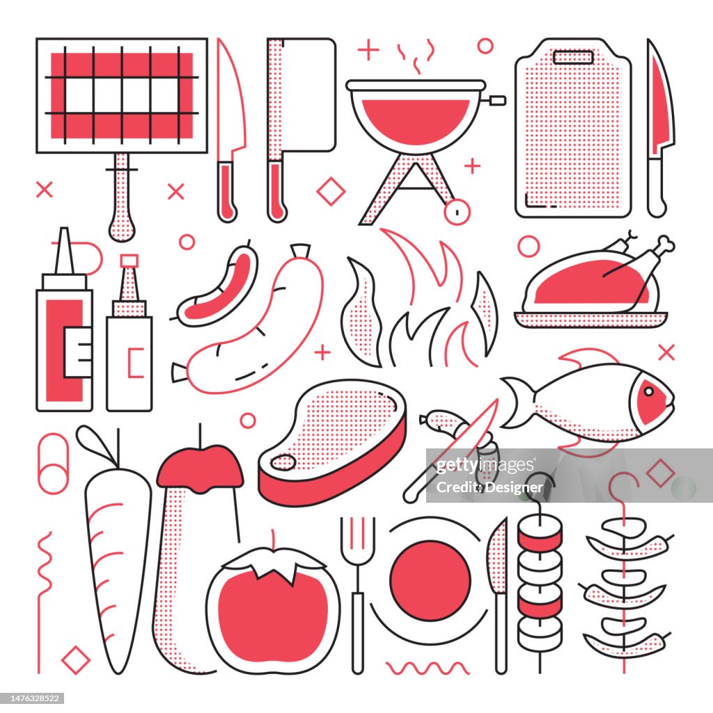 BBQ AND GRILL Web Banner with Linear Icons, Trendy Linear Style Vector