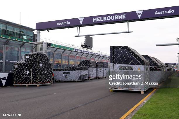 Mercedes containers are pictured during a 2023 Australian F1 Grand Prix Media Opportunity at Albert Park on March 26, 2023 in Melbourne, Australia.