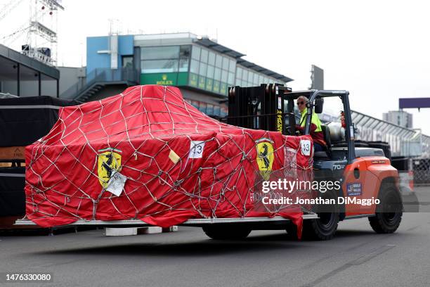 Ferrari container is seen being moved by a Forklift during a 2023 Australian F1 Grand Prix Media Opportunity at Albert Park on March 26, 2023 in...