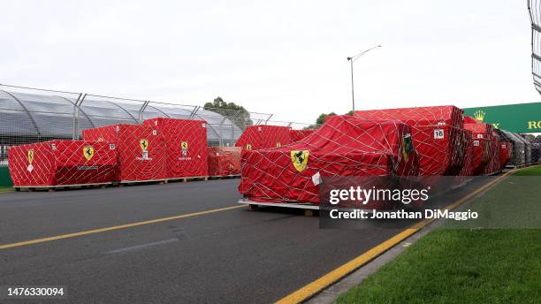 Ferrari containers are pictured during a 2023 Australian F1 Grand Prix Media Opportunity at Albert Park on March 26, 2023 in Melbourne, Australia.