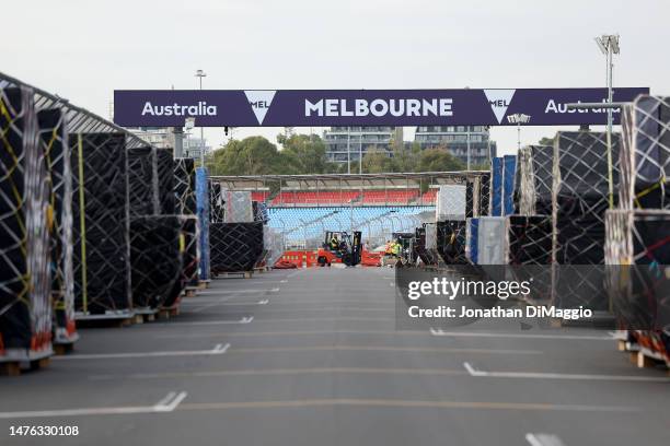 Team containers are pictured on track during a 2023 Australian F1 Grand Prix Media Opportunity at Albert Park on March 26, 2023 in Melbourne,...