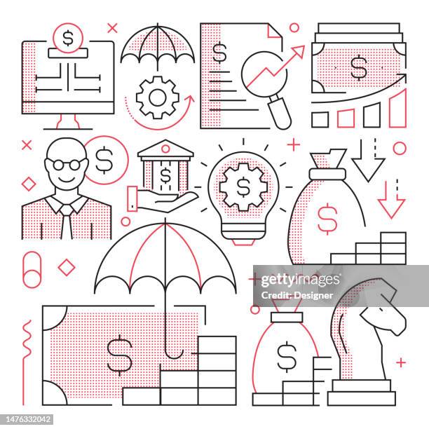 financial strategy web banner with linear icons, trendy linear style vector - tax saving tips stock illustrations