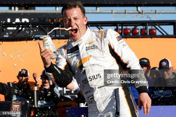 Allmendinger, driver of the Celsius Chevrolet, celebrates in victory lane after winning the NASCAR Xfinity Series Pit Boss 250 at Circuit of The...