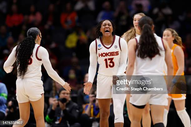 Taylor Soule of the Virginia Tech Hokies celebrates with teammates after a play during the third quarter against the Tennessee Lady Vols in the Sweet...