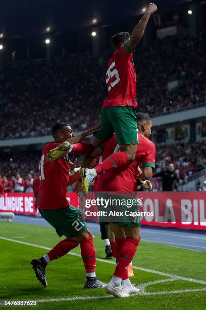 Abdelhamid Sabiri of Morocco celebrates after scoring their second side goal with Yahya Attiat Allah of Morocco during the international friendly...