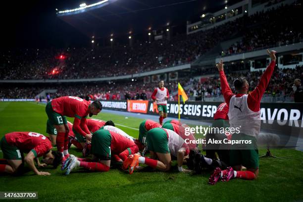 Abdelhamid Sabiri of Morocco celebrates after scoring their second side goal with his team mates during the international friendly match between...