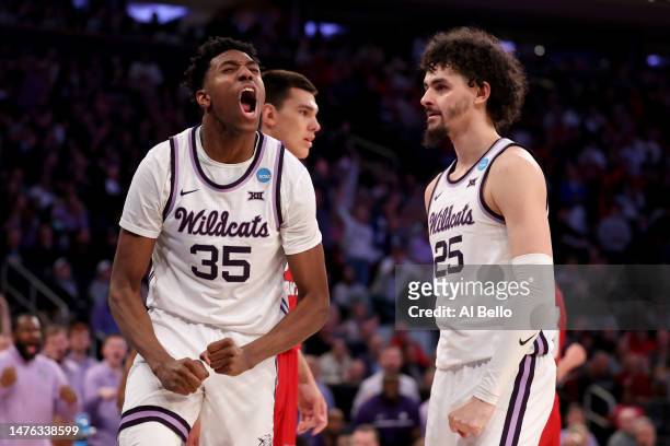 Ismael Massoud of the Kansas State Wildcats celebrates a basket against the Florida Atlantic Owls during the second half in the Elite Eight round...