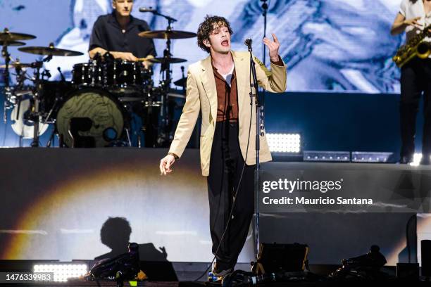 Matthew Healy of The 1975 performs live on stage during day two of Lollapalooza Brazil at Autodromo de Interlagos on March 25, 2023 in Sao Paulo,...