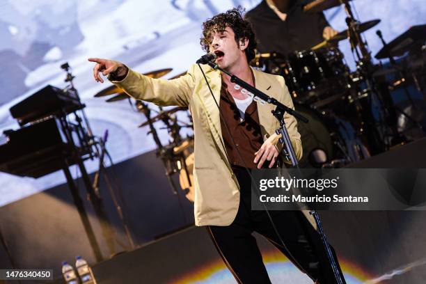 Matthew Healy of The 1975 performs live on stage during day two of Lollapalooza Brazil at Autodromo de Interlagos on March 25, 2023 in Sao Paulo,...