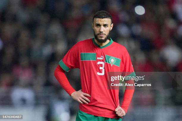 Noussair Mazraoui of Morocco looks on during the international friendly match between Morocco and Brazil at Grand Stade de Tanger on March 25, 2023...