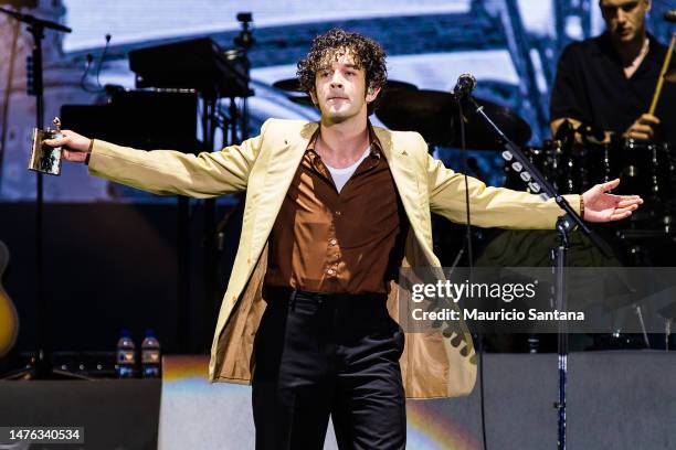 Matthew Healy of The 1975 performs live on stage during day two of Lollapalooza Brazil at Autodromo de Interlagos on March 25, 2023 in Sao Paulo,...