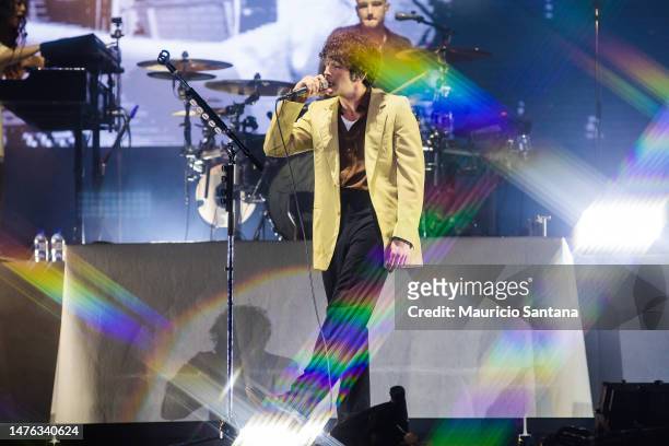 Matthew Healy of The 1975 performs live on stage during day two of Lollapalooza Brazil at Autodromo de Interlagos on March 25, 2023 in Sao Paulo,...