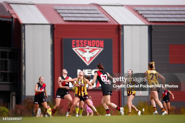 Krystal Russell of Essendon and Maddie Boyd of the Box Hill Hawks contest the ruck during the round one VFLW match between the Essendon Bombers and...