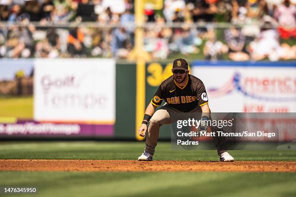 Matt Batten of the San Diego Padres plays third base during a spring ...