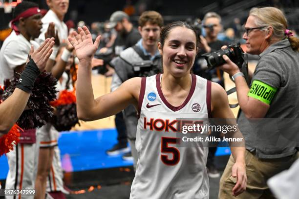 Georgia Amoore of the Virginia Tech Hokies reacts as she runs off the court after defeating the Tennessee Lady Vols 73-64 in the Sweet 16 round of...