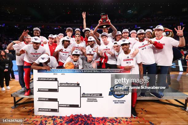 The Florida Atlantic Owls celebrate after defeating the Kansas State Wildcats in the game during the Elite Eight round of the 2023 NCAA Men's...