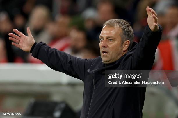 Hans-Dieter Flick, head coach of Germany reacts during an international friendly match between Germany and Peru at MEWA Arena on March 25, 2023 in...