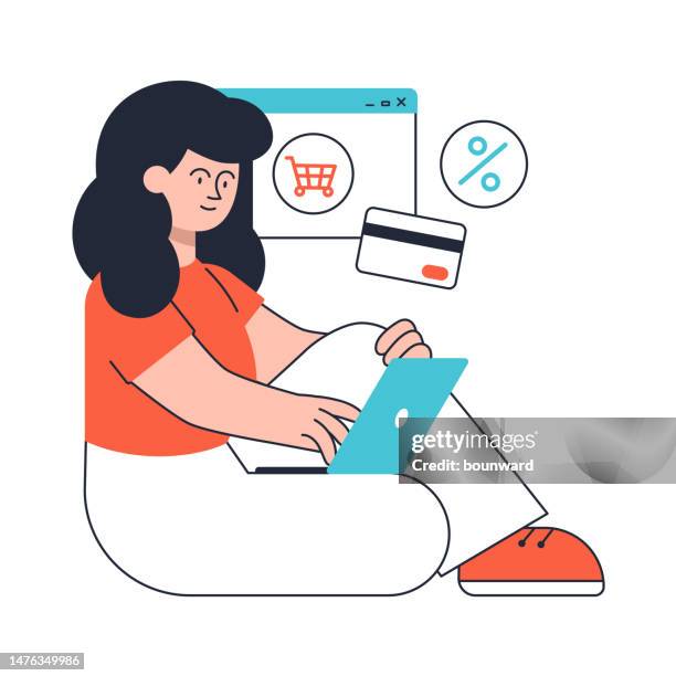 ilustrações, clipart, desenhos animados e ícones de compras online. mulher encomendando com laptop. - online shopping