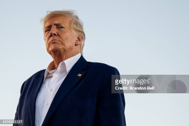 Former U.S. President Donald Trump looks on during a rally at the Waco Regional Airport on March 25, 2023 in Waco, Texas. Former U.S. President...