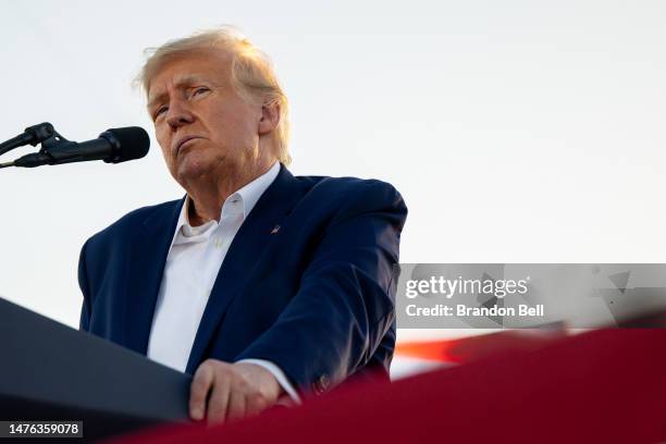 Former U.S. President Donald Trump speaks during a rally at the Waco Regional Airport on March 25, 2023 in Waco, Texas. Former U.S. President Donald...