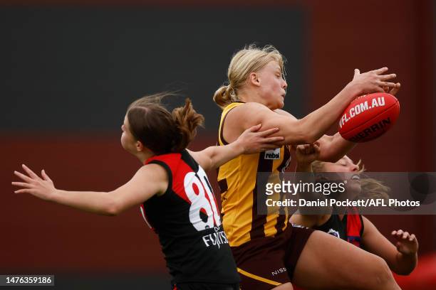 Catherine Brown of the Box Hill Hawks attempts to mark the ball during the round one VFLW match between the Essendon Bombers and Box Hill Hawks at...