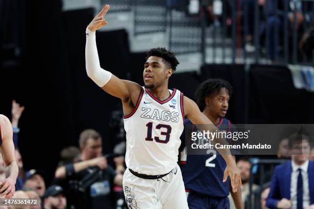 Malachi Smith of the Gonzaga Bulldogs reacts after a made basket during the first half against the Connecticut Huskies in the Elite Eight round of...