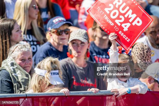 Supporters cheer ahead of former U.S. President Donald Trump's speech at the Waco Regional Airport on March 25, 2023 in Waco, Texas. Former U.S....