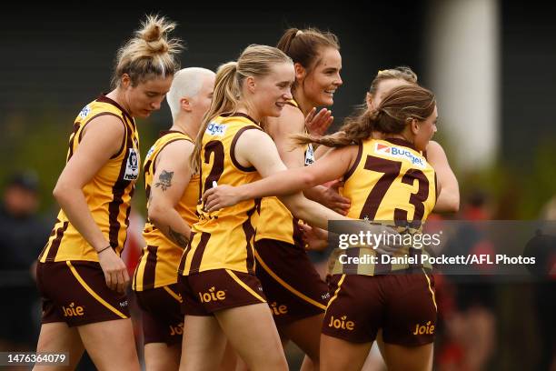 Maddie Boyd of the Box Hill Hawks celebrates kicking a goal during the round one VFLW match between the Essendon Bombers and Box Hill Hawks at The...