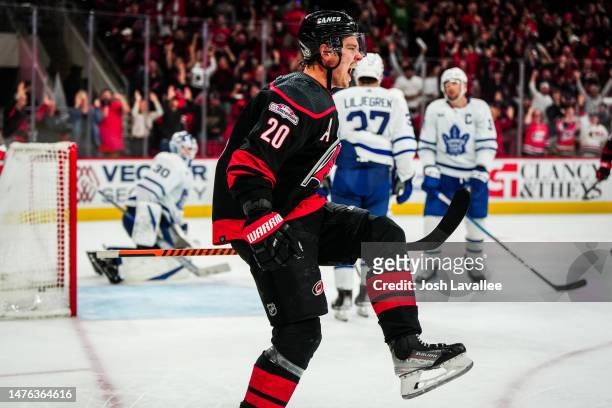 Sebastian Aho of the Carolina Hurricanes celebrates his game-winning goal in the third period against the Toronto Maple Leafs at PNC Arena on March...