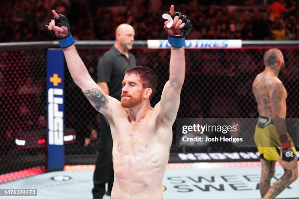 Cory Sandhagen reacts after his bantamweight fight against Marlon Vera of Ecuador during the UFC Fight Night event at AT&T Center on March 25, 2023...