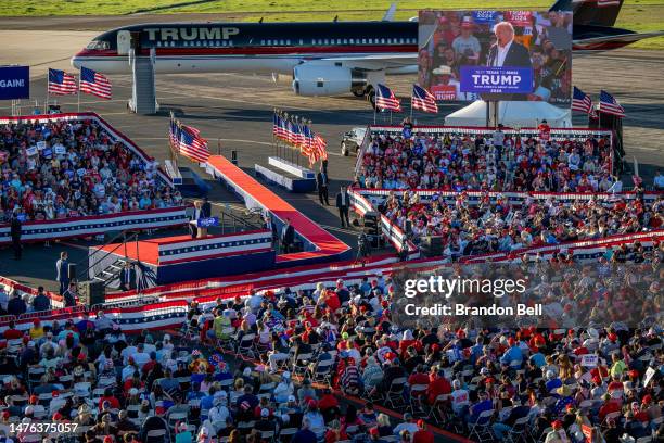 Former U.S. President Donald Trump speaks during a rally at the Waco Regional Airport on March 25, 2023 in Waco, Texas. Former U.S. President Donald...