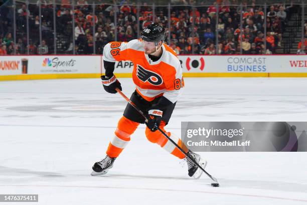 Joel Farabee of the Philadelphia Flyers shoots the puck against the Detroit Red Wings at the Wells Fargo Center on March 25, 2023 in Philadelphia,...