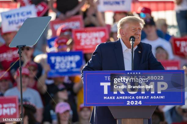 Former U.S. President Donald Trump speaks during a rally at the Waco Regional Airport on March 25, 2023 in Waco, Texas. Former U.S. President Donald...